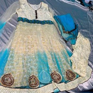 Long Sleeve Light Blue/cream Anarkali